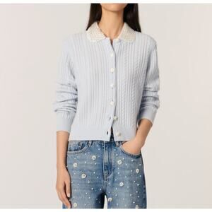 Maje Sz 3 US L Wool Cashmere Baby Blue Cable Knit Button Up Cardigan Sweater